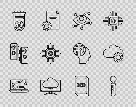 Set line Laptop, Gamepad, Virtual reality, Computer monitor screen, Video Illustrazione stock