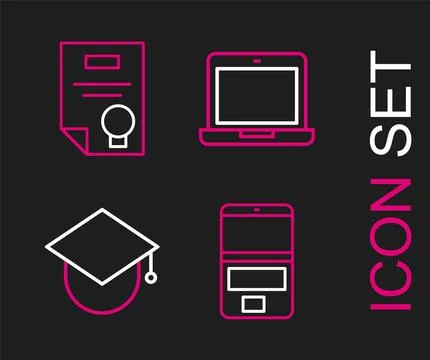 Set line Laptop, Graduation cap on globe,  and Certificate template icon. V.. Stock Illustration