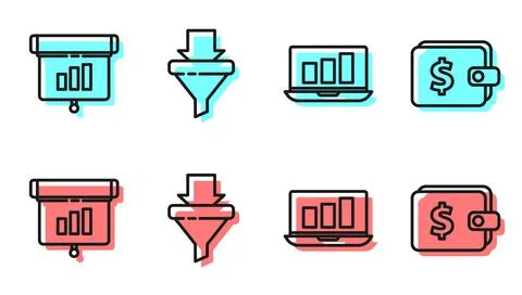 Set line Laptop with graph chart, Graph, chart, diagram, infographic, Sales Stockillustratie
