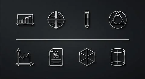 Set line Laptop with graph chart, Graph, schedule, chart, diagram, Triangle math Stock Illustration