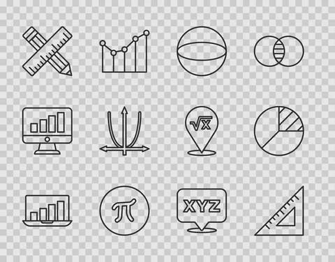 Set line Laptop with graph chart, Triangular ruler, Geometric figure Sphere, Pi Stock Illustration