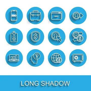 Set line Laptop with graph chart, Human head question mark, Mobile phone SEO  Stock Illustration
