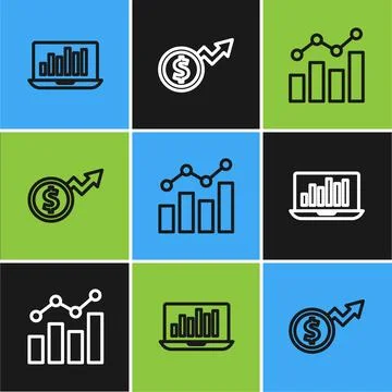 Set line Laptop with graph chart, Financial growth and dollar icon. Vector Illustrazione stock