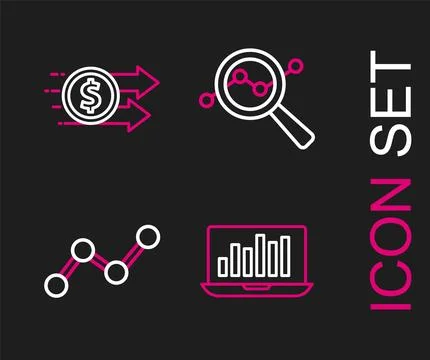 Set line Laptop with graph chart, Graph infographic, Search data analysis and Stock Illustration