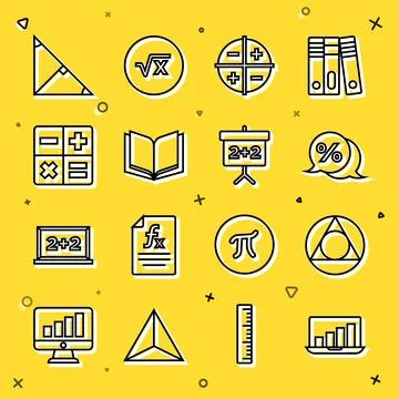 Set line Laptop with graph chart, Triangle math, Discount percent tag, XYZ Stock Illustration