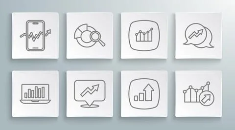 Set line Laptop with graph chart, Search data analysis, Financial growth,  .. Illustrazione stock