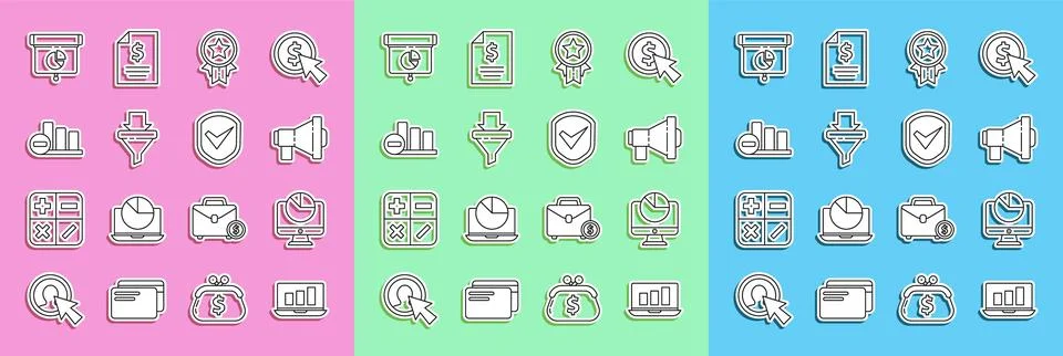 Set line Laptop with graph chart, Computer monitor, Megaphone, Medal star, .. Stock-Illustration