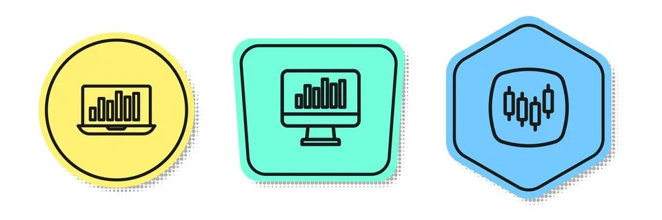 Set line Laptop with graph chart, Monitor and Browser stocks market. Colore.. Stock Illustration
