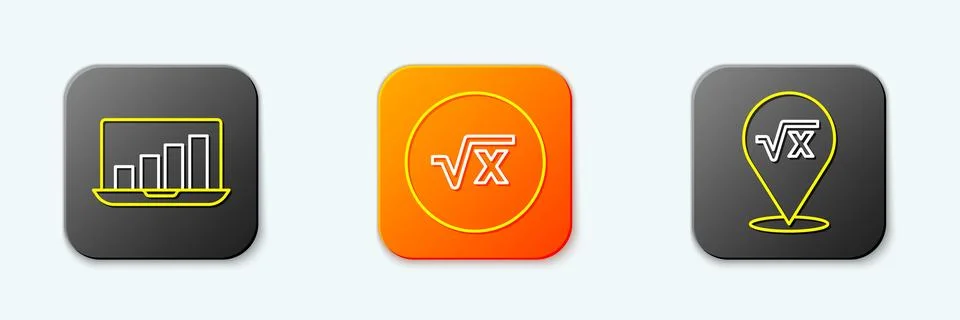 Set line Laptop with graph chart, Square root of x glyph and  icon. Vector 스톡 일러스트