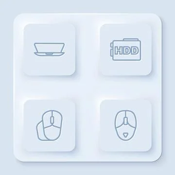 Set line Laptop, Hard disk drive HDD, Computer mouse and . White square button 스톡 일러스트