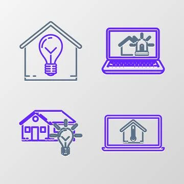 Set line Laptop with house temperature, Smart and light bulb, smart alarm a.. Stock Illustration