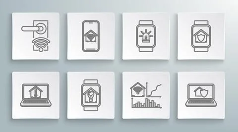 Set line Laptop with house temperature, Mobile phone smart home wi-fi, Smar.. Stock Illustration