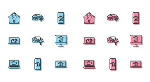 Set line Laptop with house under protection, Mobile phone temperature, Smar.. Stock Illustration