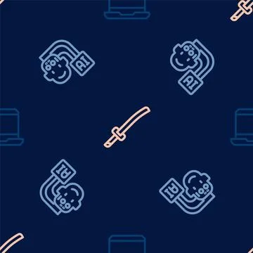 Set line Laptop, Humanoid robot and Katana on seamless pattern. Vector Stock Illustration