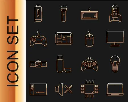 Set line Laptop, Light bulb with concept of idea, Computer monitor screen, .. Illustrazione stock