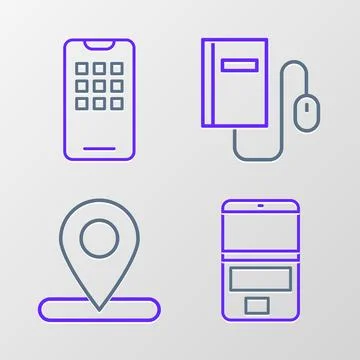 Set line Laptop, Location, Electronic book with mouse and Mobile phone icon.. Stock Illustration
