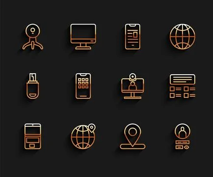 Set line Laptop, Location on the globe, Web camera, Create account screen, .. Stock Illustration