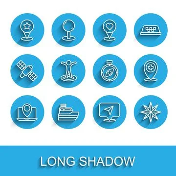 Set line Laptop with location marker, Ship line path, Map pointer star 스톡 일러스트