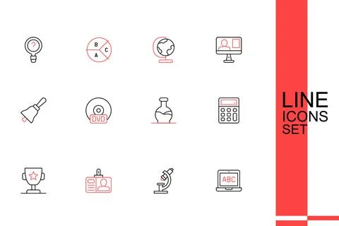 Set line Laptop, Microscope, Identification badge, Award cup, Calculator, T.. Illustrazione stock