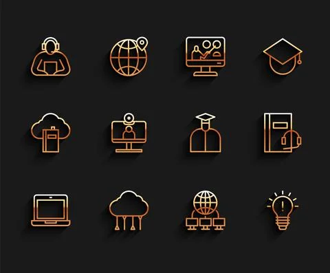 Set line Laptop, Network cloud connection, Student, Computer network, Light bulb Stock Illustration