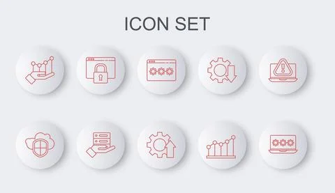 Set line Laptop with password, Cloud and shield, Password protection, Pie chart Ilustración de archivo