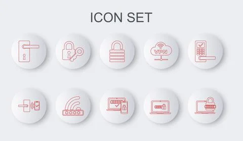 Set line Laptop with password, Digital door lock wireless, Lock, Door handle, Stock Illustration