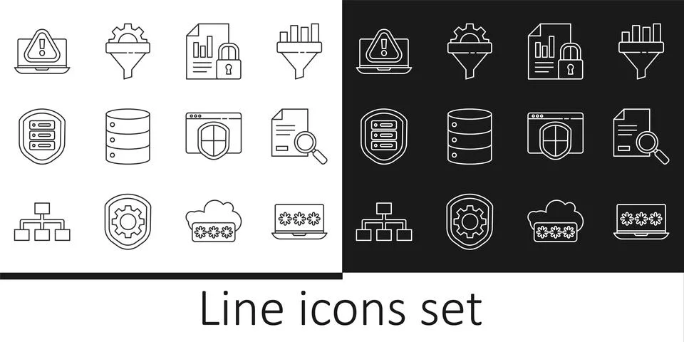 Set line Laptop with password, Document search, and lock, Server, Data, Web Stock Illustration