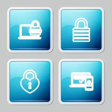 Set line Laptop with password, Lock, Castle in the shape of heart and Two steps Stock Illustration