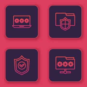 Set line Laptop with password, Shield check mark, Document folder protection and Illustrazione stock