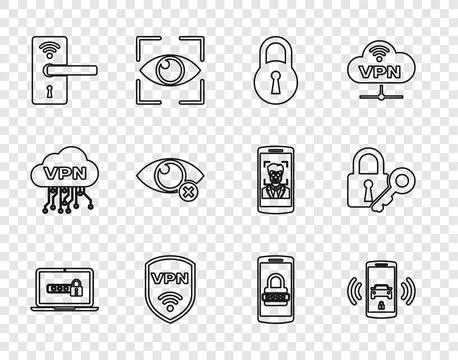 Set line Laptop with password, Smart car alarm system, Lock, Shield VPN wir.. Stock Illustration