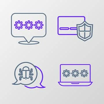 Set line Laptop with password, System bug, Credit card shield and Password Illustrazione stock