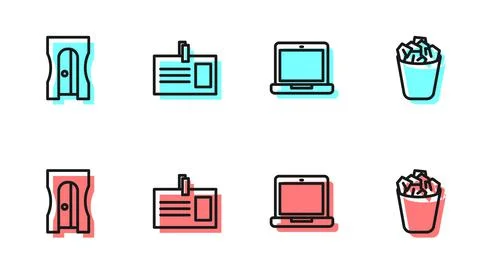 Set line Laptop, Pencil sharpener, Identification badge and Full trash can icon Stock-Illustration