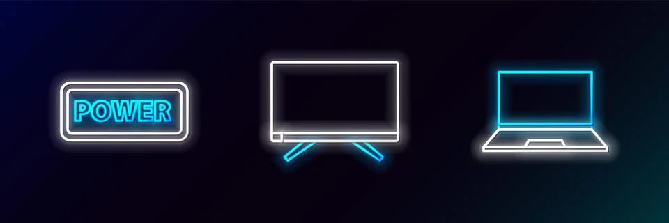 Set line Laptop, Power button and Smart Tv icon. Glowing neon. Vector Stock Illustration