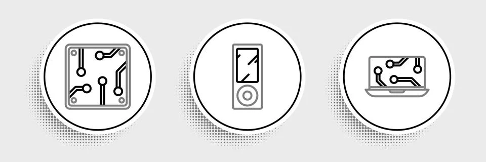 Set line Laptop, Processor and Music player icon. Vector Stock Illustration
