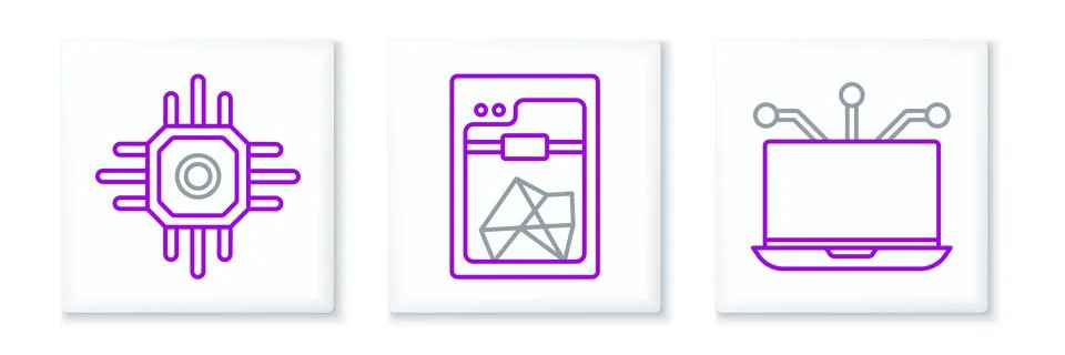 Set line Laptop, Processor and 3D printer icon. Vector Stock Illustration