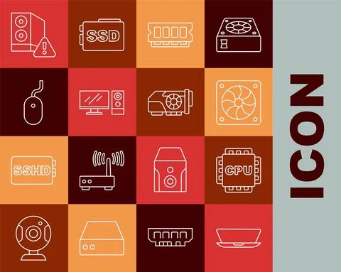 Set line Laptop, Processor with CPU, Computer cooler, RAM, random access memory Stock Illustration