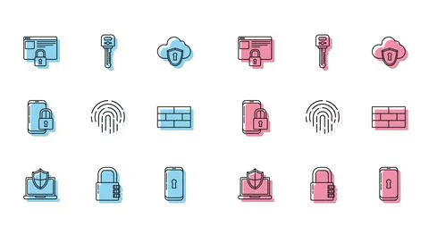 Set line Laptop protected with shield, Safe combination lock, Secure your site Stock-Illustration