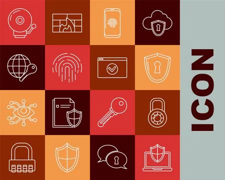 Set line Laptop protected with shield, Safe combination lock wheel, Shield Stockillustratie