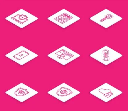 Set line Laptop protected with shield, Key, Smartphone lock, Secure your site Illustrazione stock