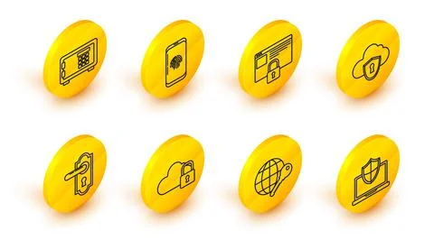 Set line Laptop protected with shield, Globe key, Cloud computing lock, Doo.. 스톡 일러스트