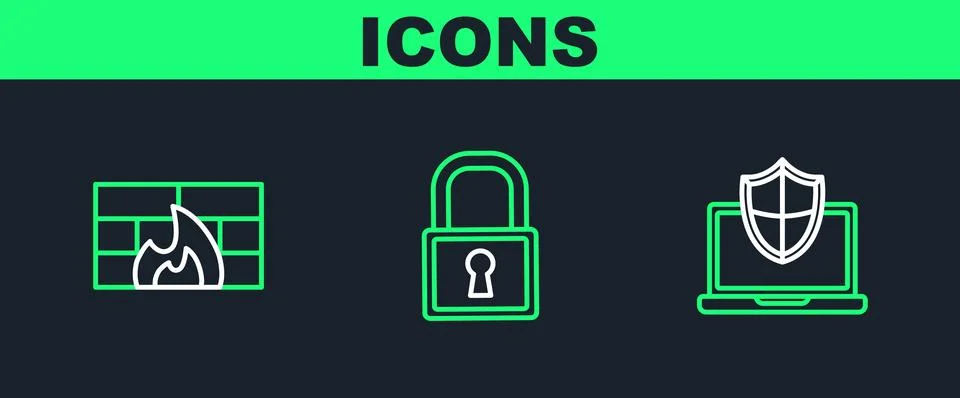 Set line Laptop protected with shield, Firewall, security wall and Lock ico.. Stock Illustration
