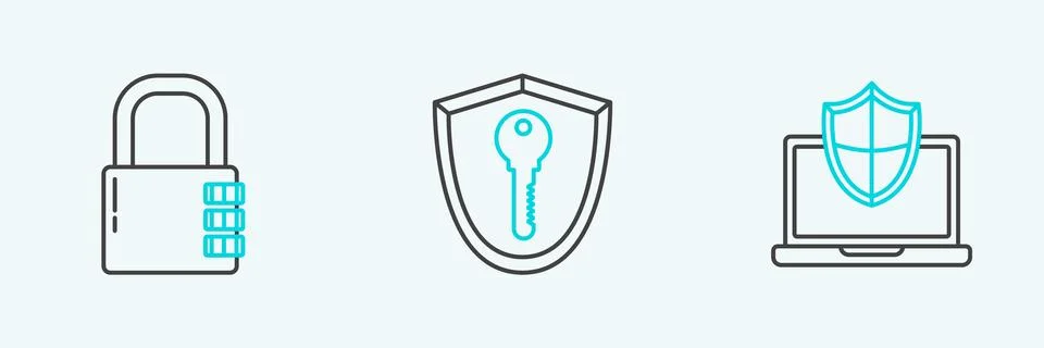 Set line Laptop protected with shield, Safe combination lock and Shield key.. Stock Illustration