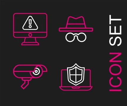 Set line Laptop protected with shield, Security camera, Incognito mode and .. Stock Illustration