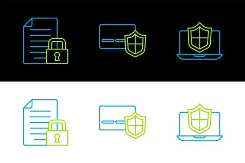 Set line Laptop protected with shield, Document and lock and Credit card ic.. Illustrazione stock