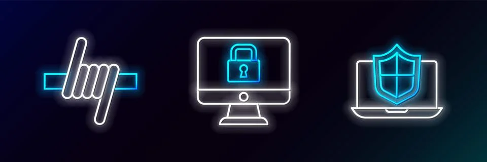 Set line Laptop protected with shield, Barbed wire and Lock on monitor icon.. Stock Illustration