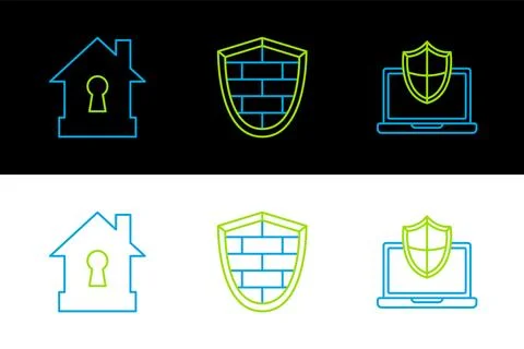 Set line Laptop protected with shield, House under protection and Shield cy.. Stock Illustration