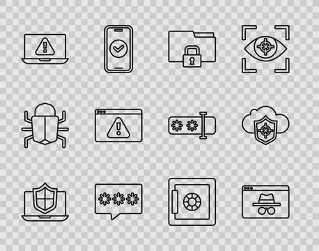 Set line Laptop protected with shield, Browser incognito window, Folder and.. Stock-Illustration