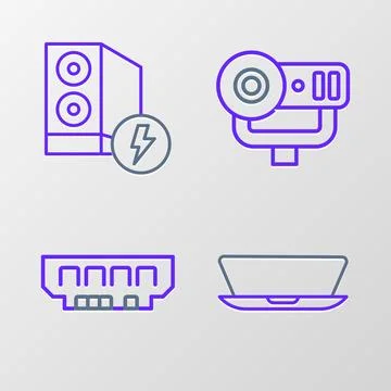 Set line Laptop, RAM, random access memory, Web camera and Case of computer.. Stock Illustration