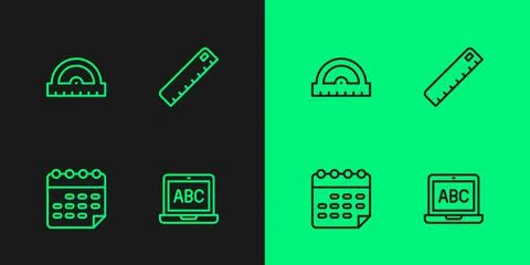 Set line Laptop, School timetable, Protractor grid and Ruler icon. Vector Stock Illustration