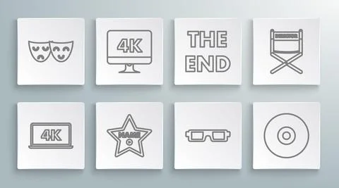 Set line Laptop screen with 4k video technology, 3D cinema glasses, CD DVD disk Illustrazione stock